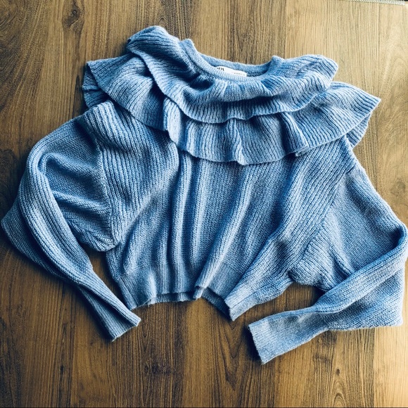 ZARA Cropped Lavender Periwinkle Sweater with Ruffle Details - Picture 3 of 6